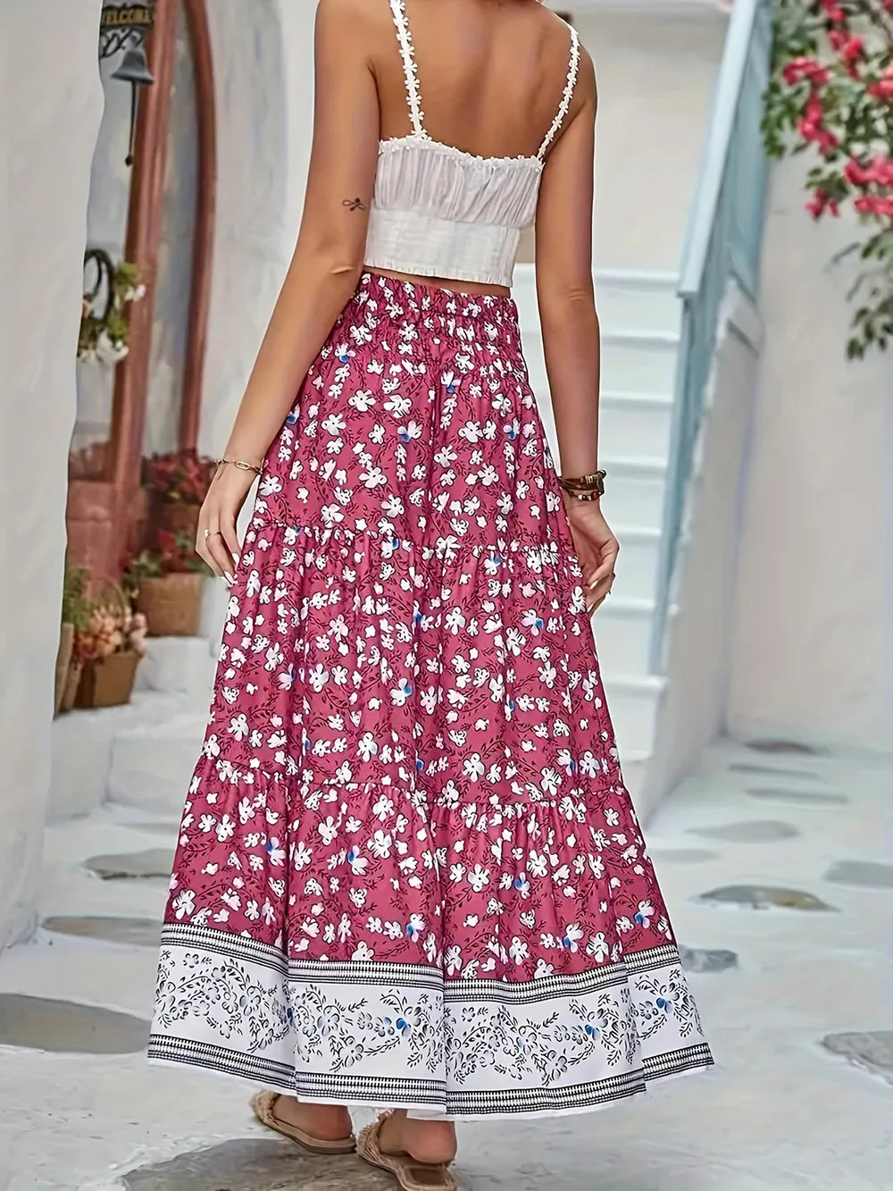 Printed maxi skirt showing tiered layers