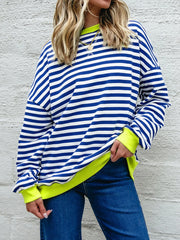 Striped Contrast Ribbed Trim Drop Shoulder Sweatshirt Dusty Blue - Fashorio