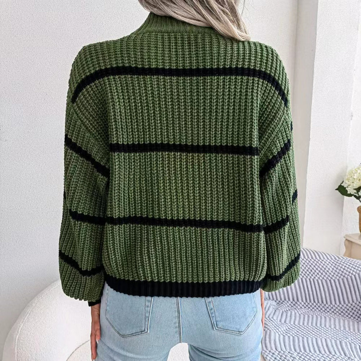 Striped Mock Neck Dropped Shoulder Sweater - Fashorio