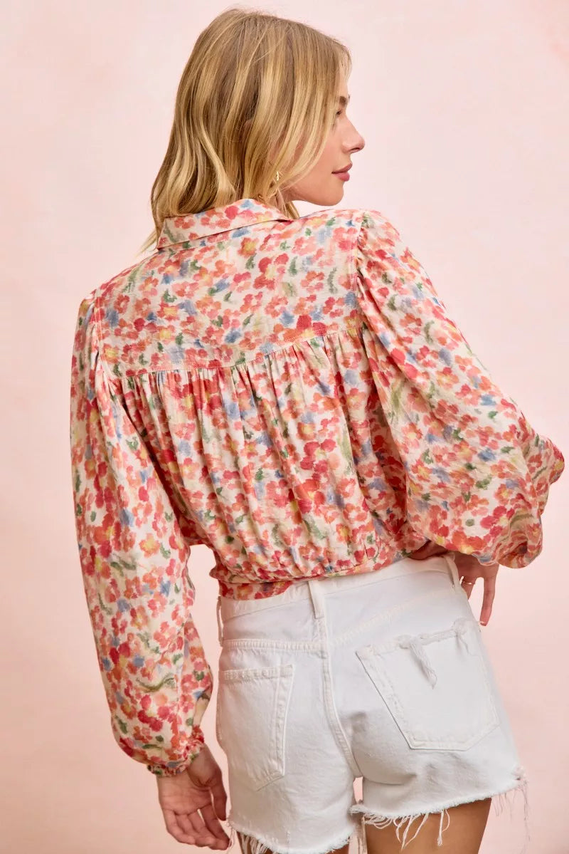 Floral print tie hem crop shirt fabric detail view