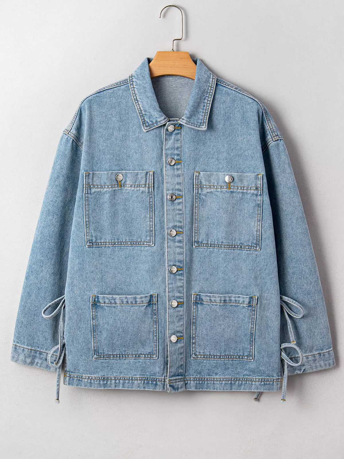 Patch Pocket Side Tie Denim Jacket in Medium Wash styled look