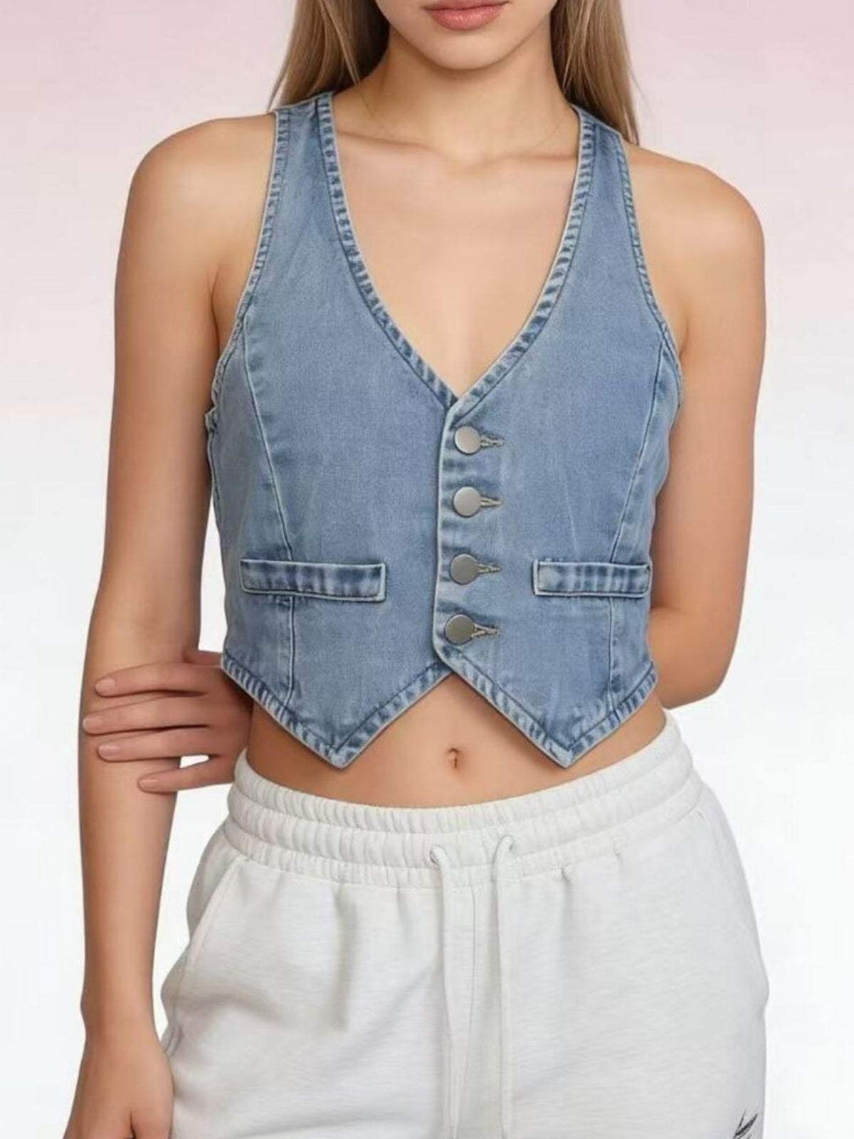 Button Down Denim Vest in Light Blue close up