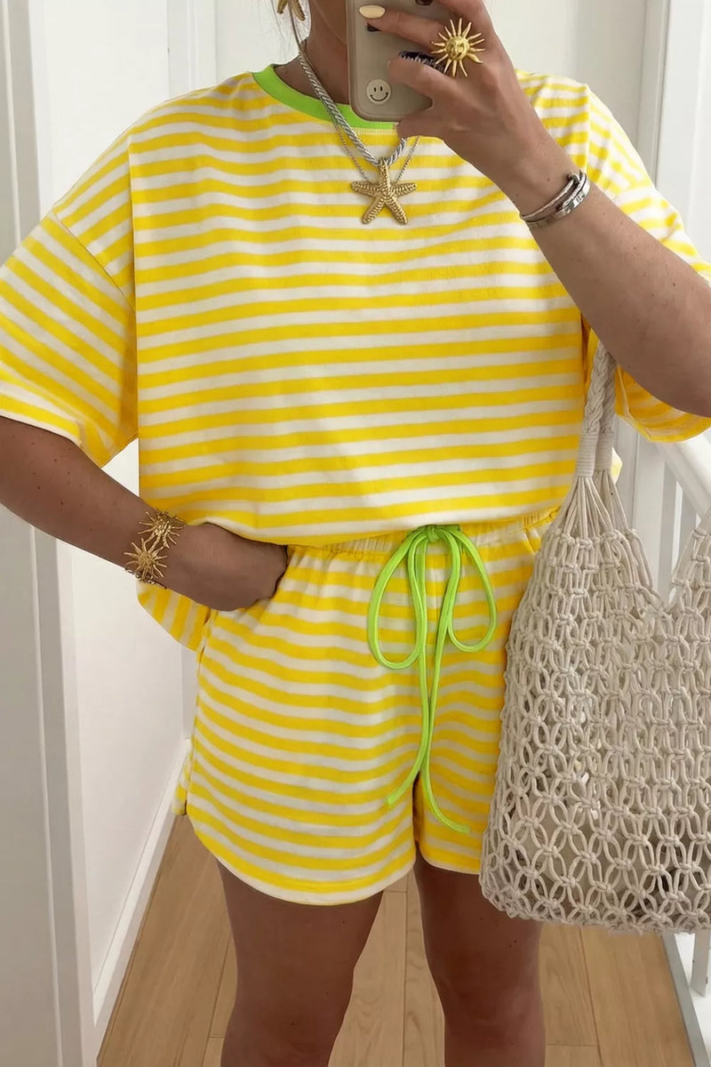 Striped contrast neck tee and drawstring shorts set front view