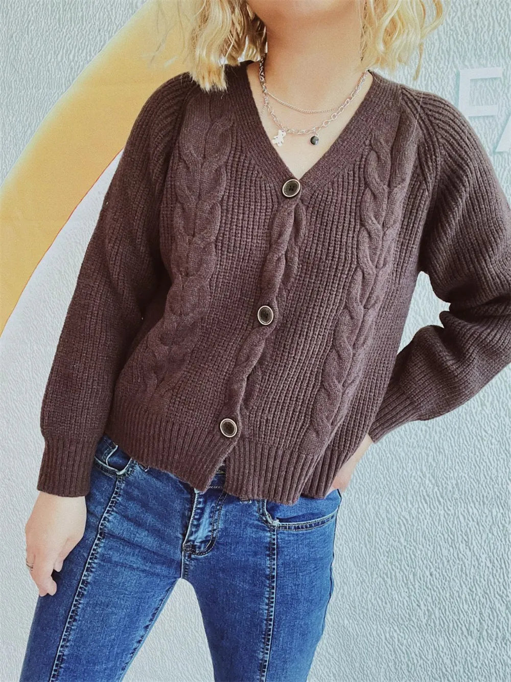 Cable-Knit V-Neck Button Down Long Sleeve Cardigan Brown One Size - Fashorio