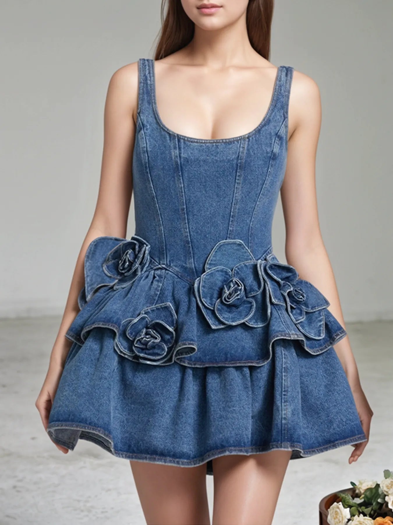 Ruffled Layered Scoop Neck Denim Dress - Fashorio