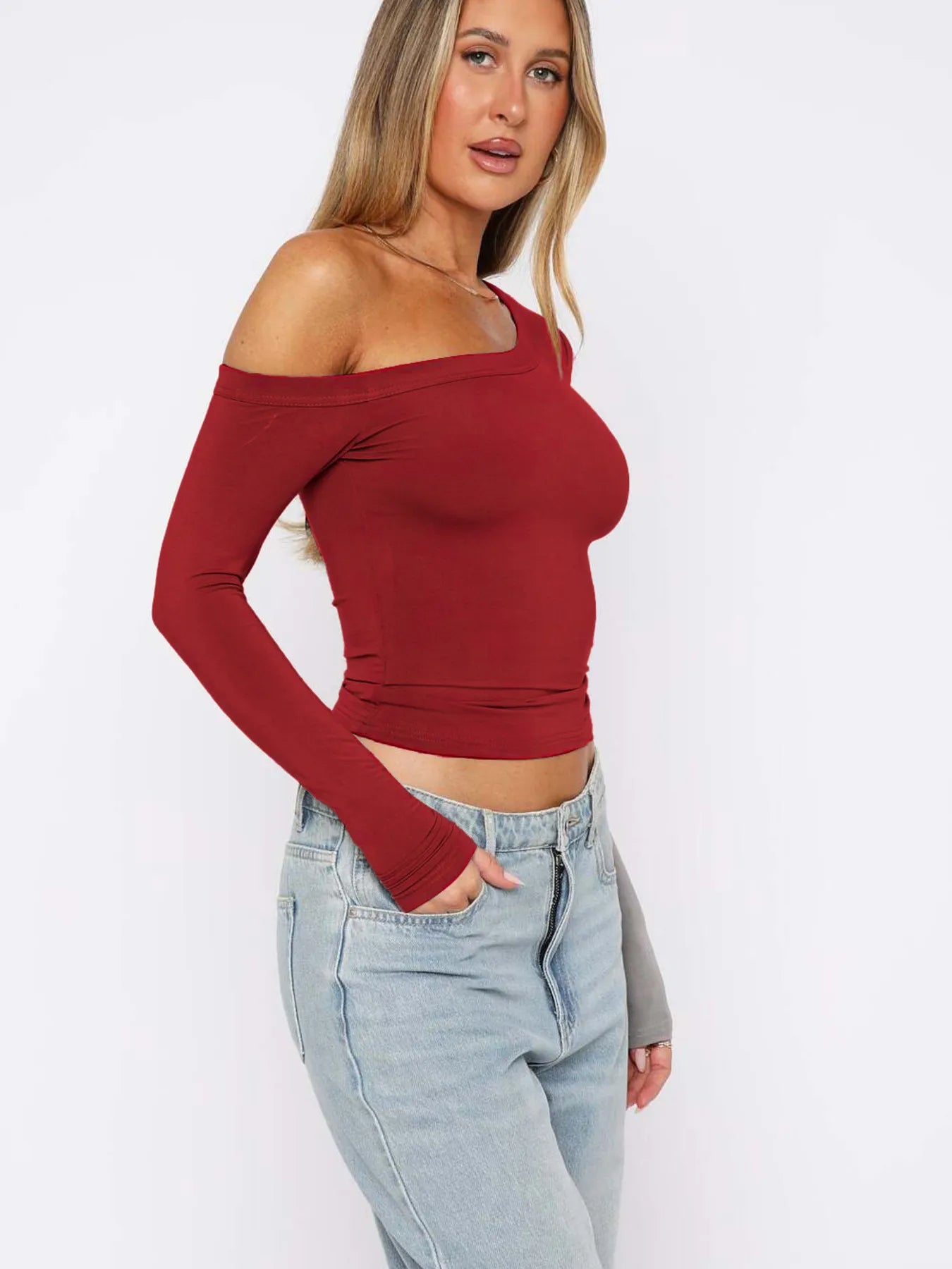 One Shoulder Long Sleeve Crop T-Shirt - Fashorio