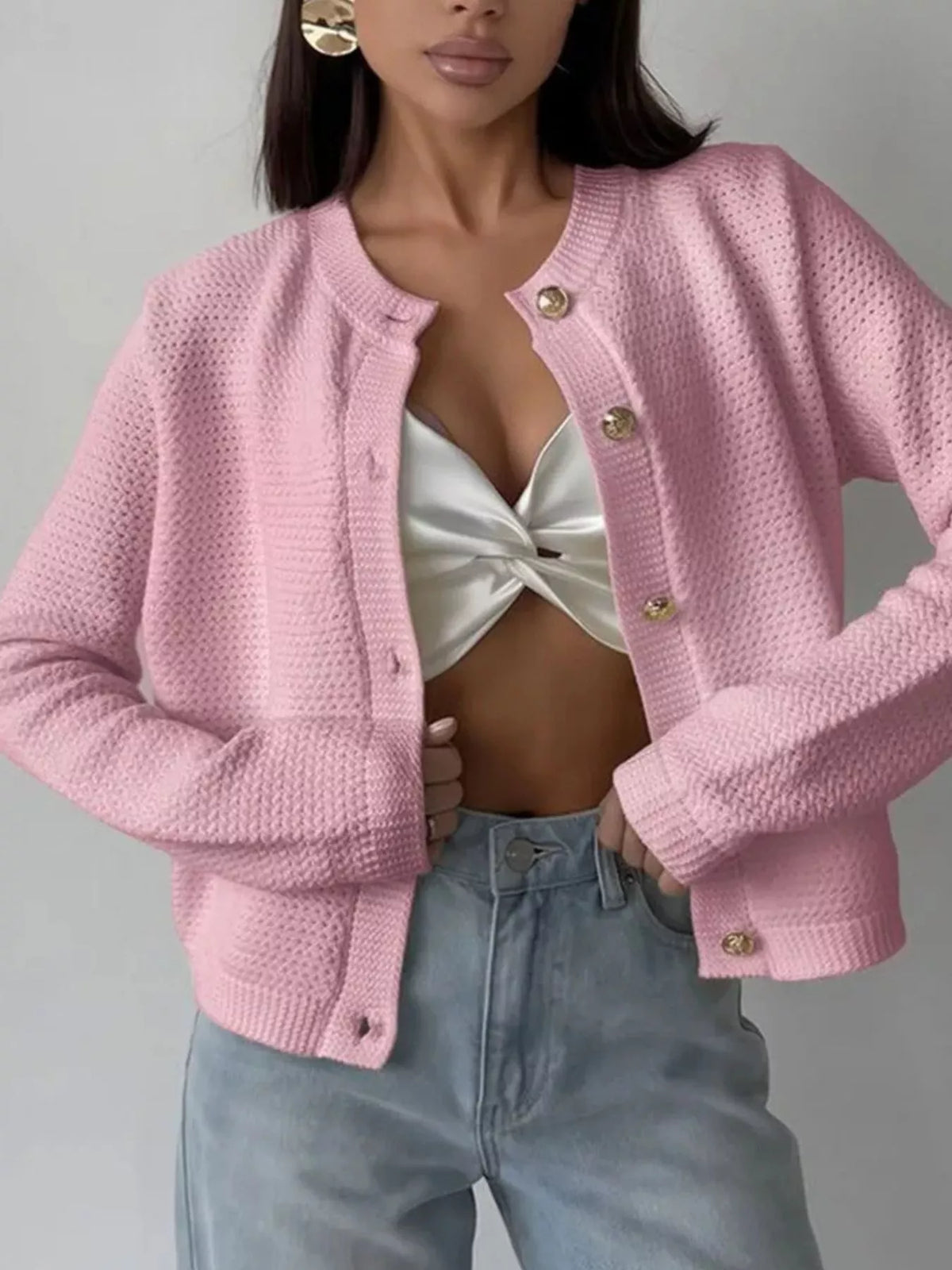 Button up texture knit cardigan front view