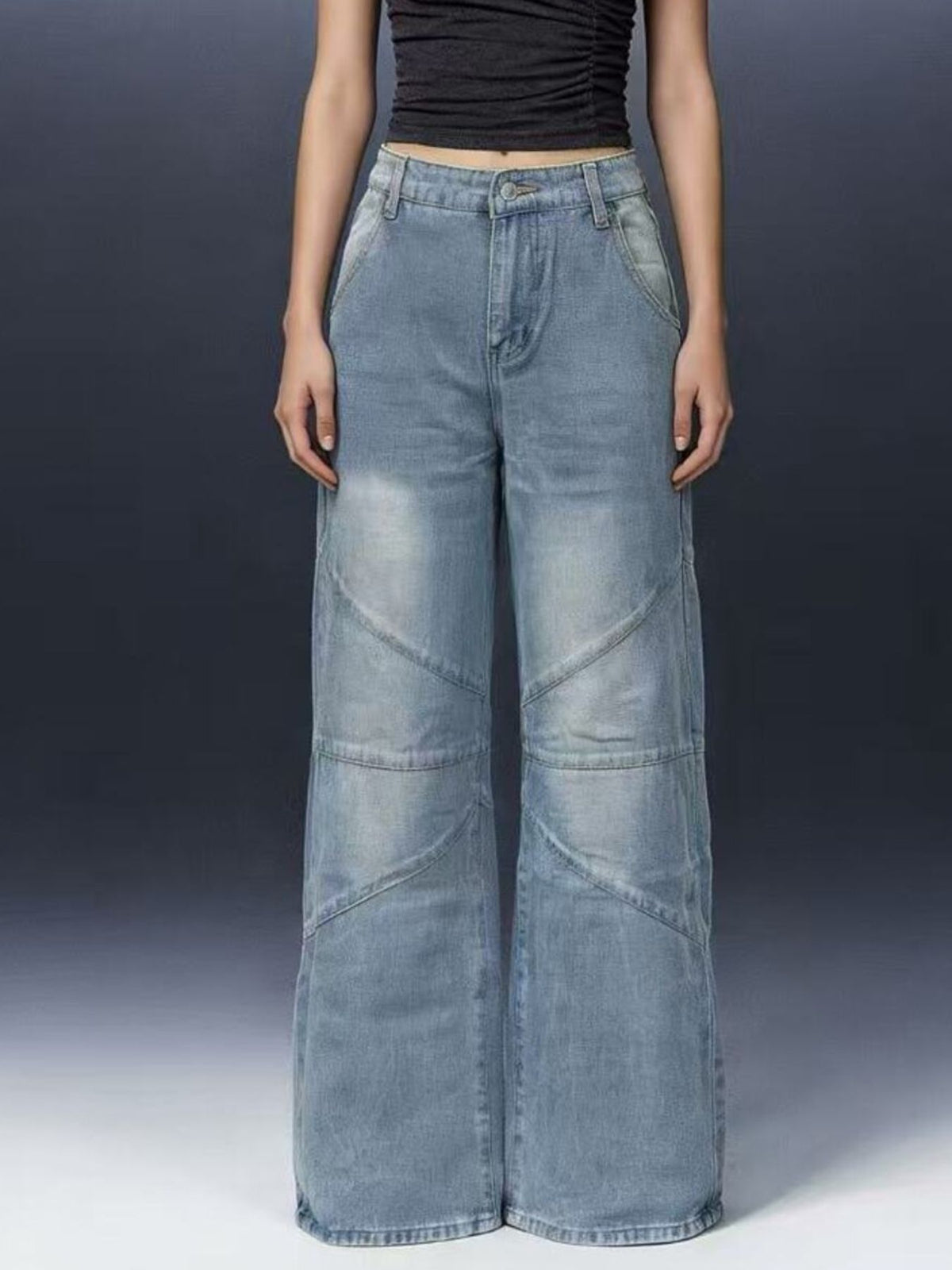 Faded wide leg jeans full length view