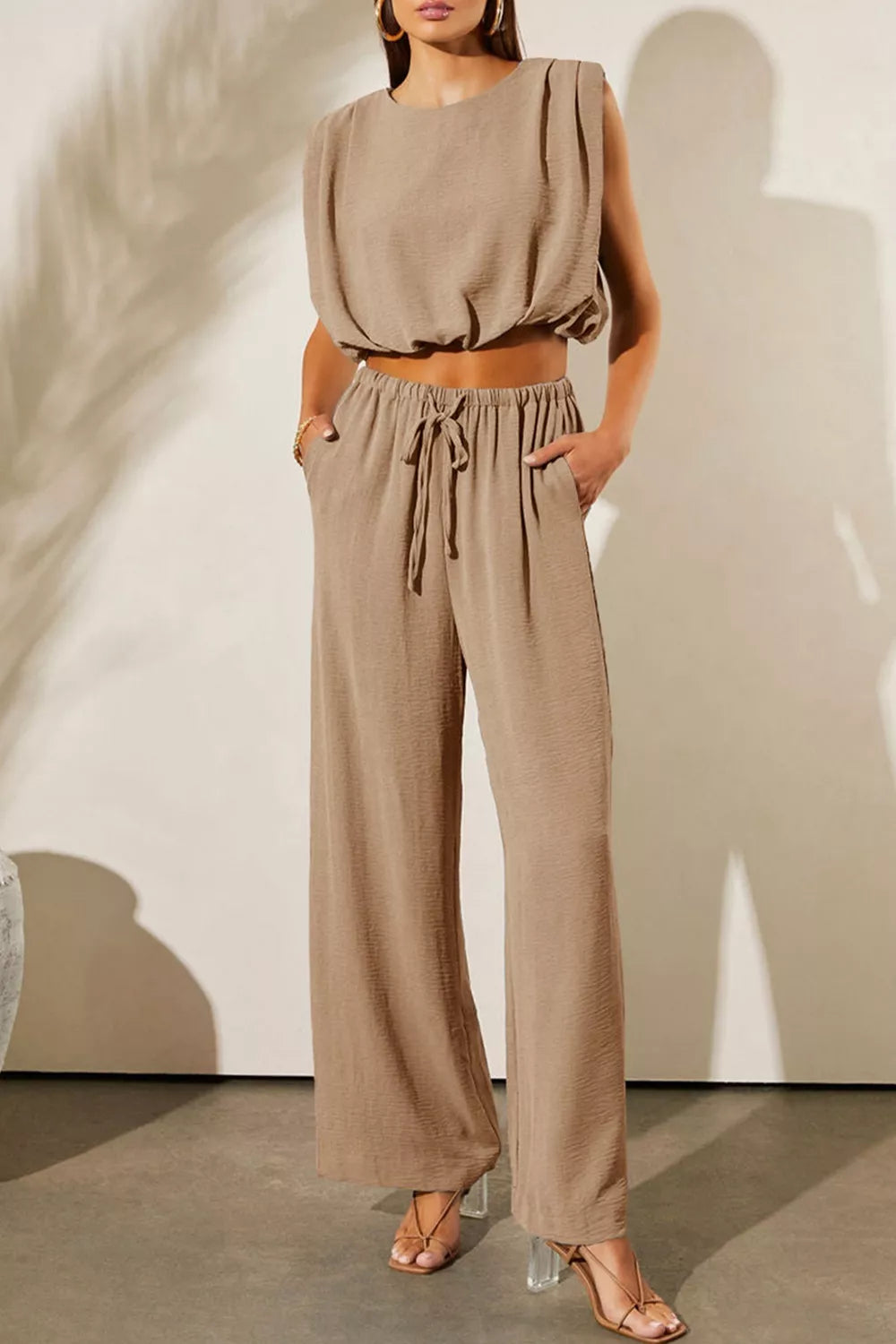 Khaki keyhole puffy tank two piece set front view