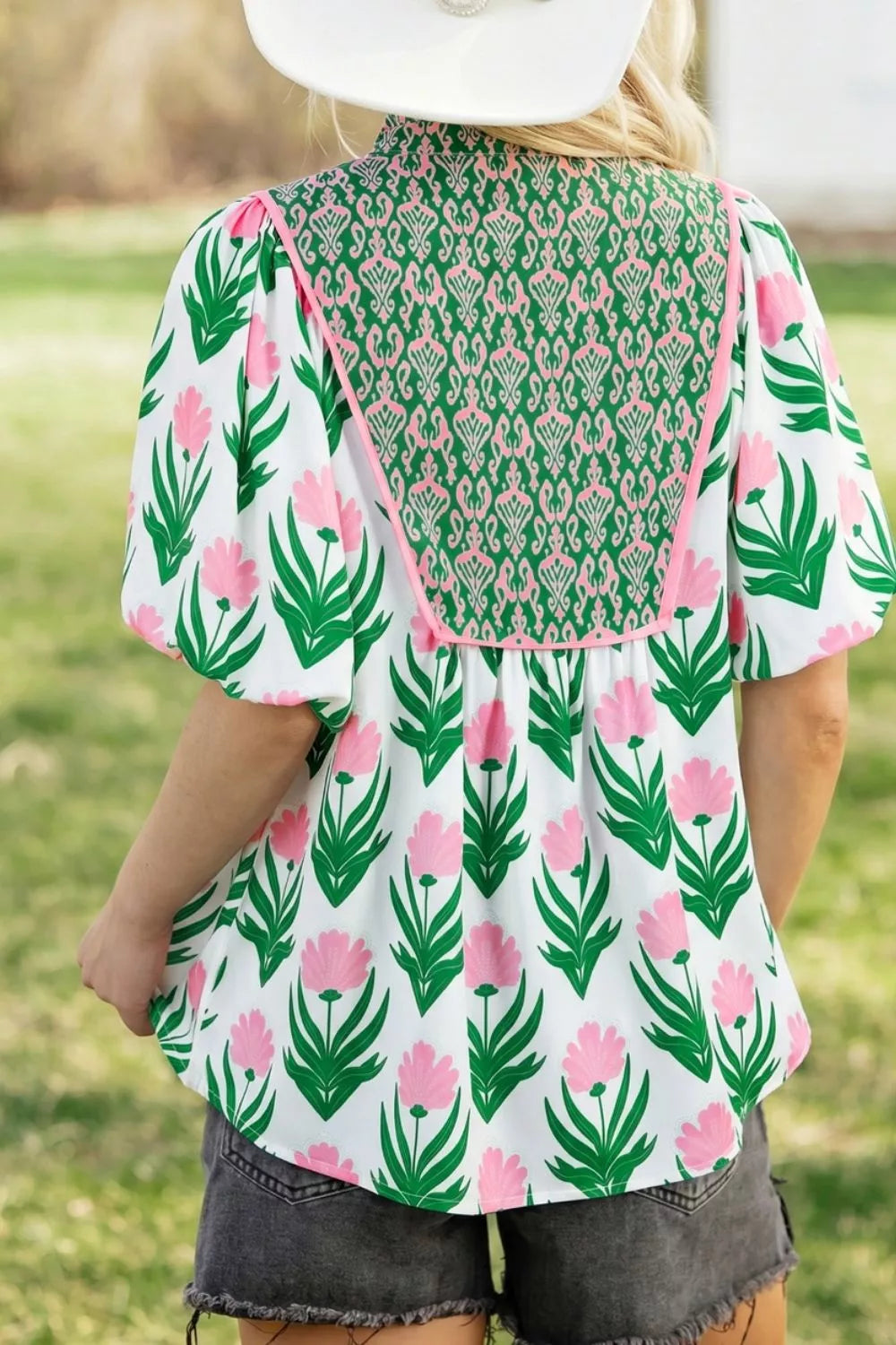 Sage floral puff sleeve V neck blouse, back view