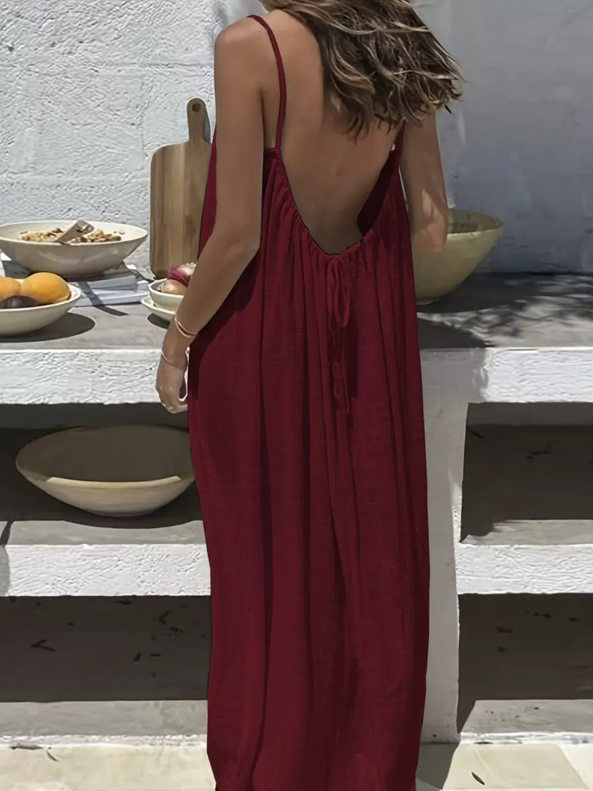 Scoop neck maxi dress side profile full length