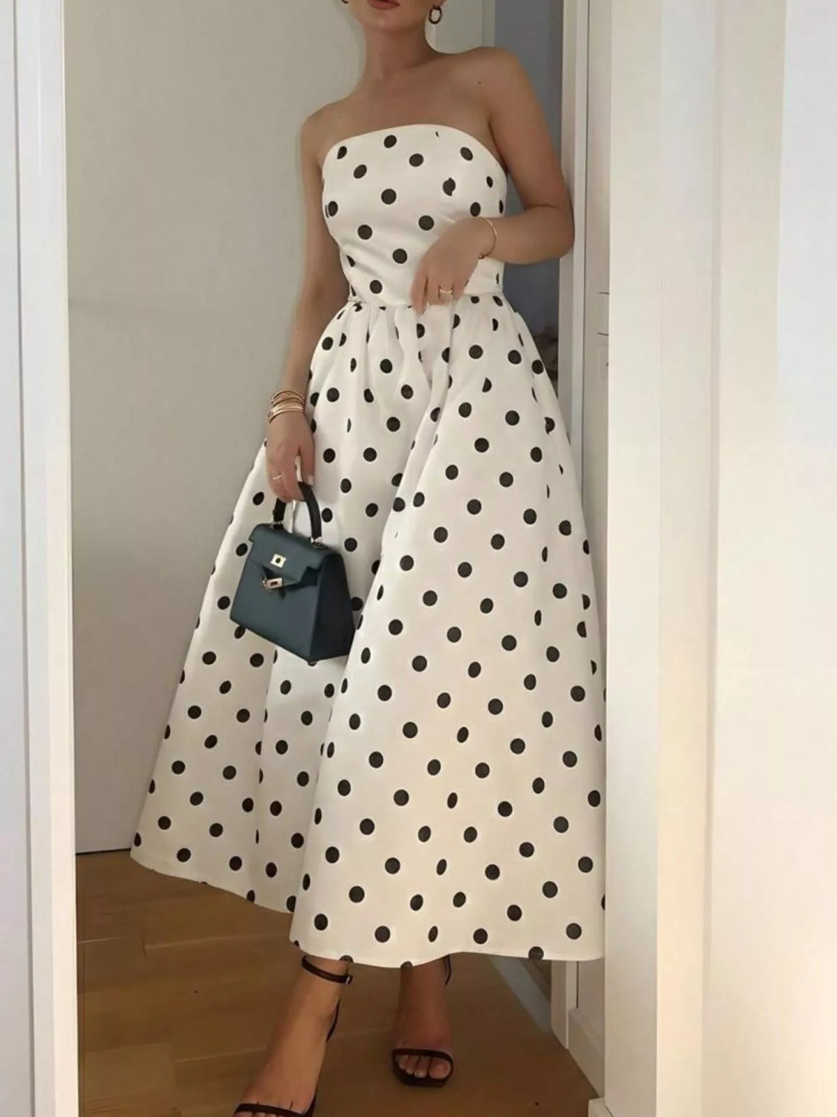 Cream polka dot strapless midi dress, back view