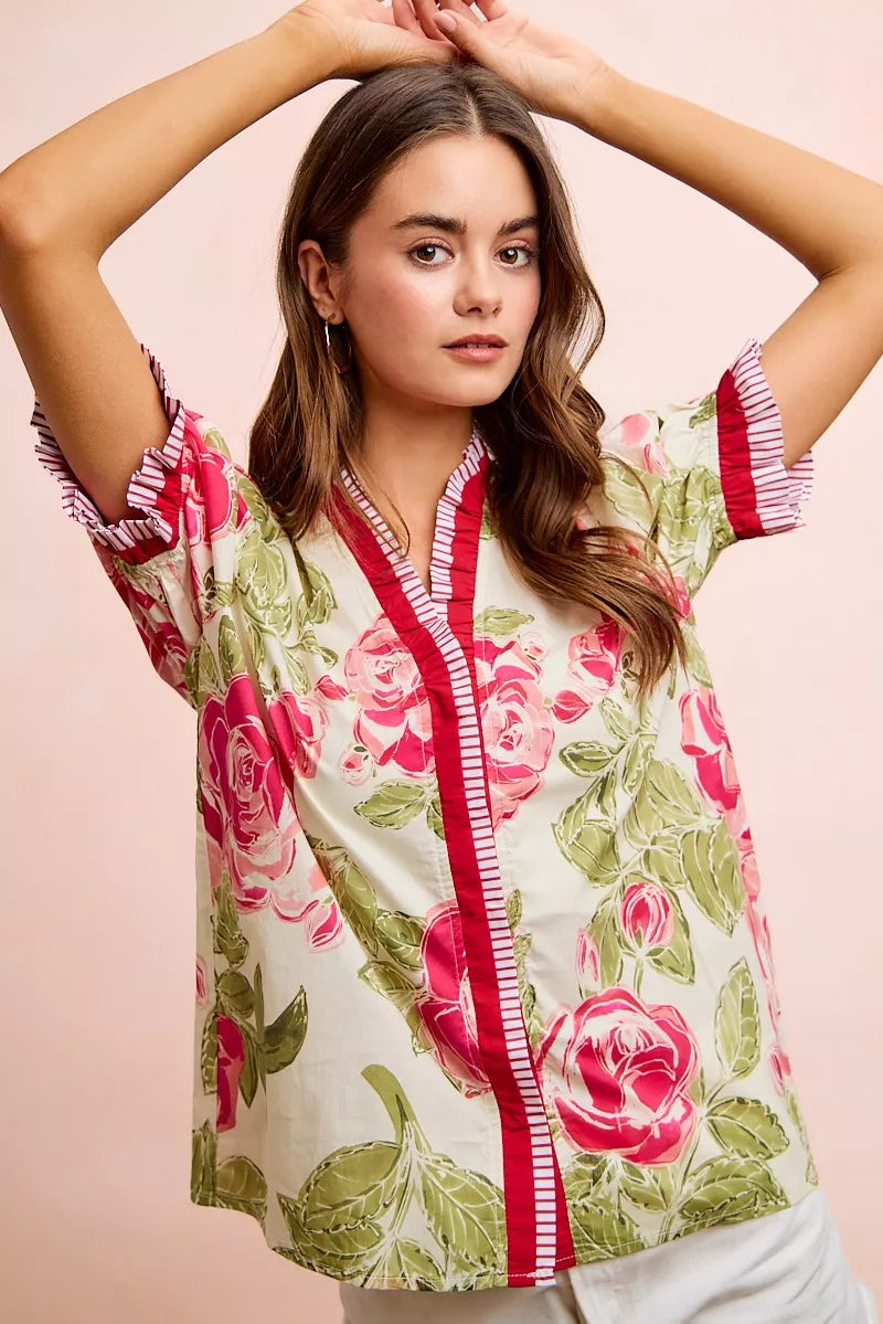BiBi coral floral ruffled blouse front view