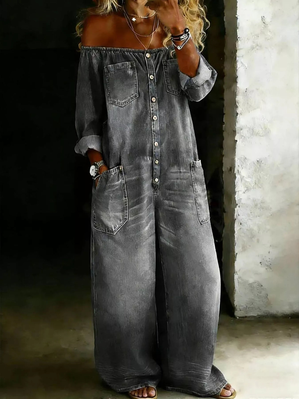 Off shoulder button down wide leg jumpsuit full length