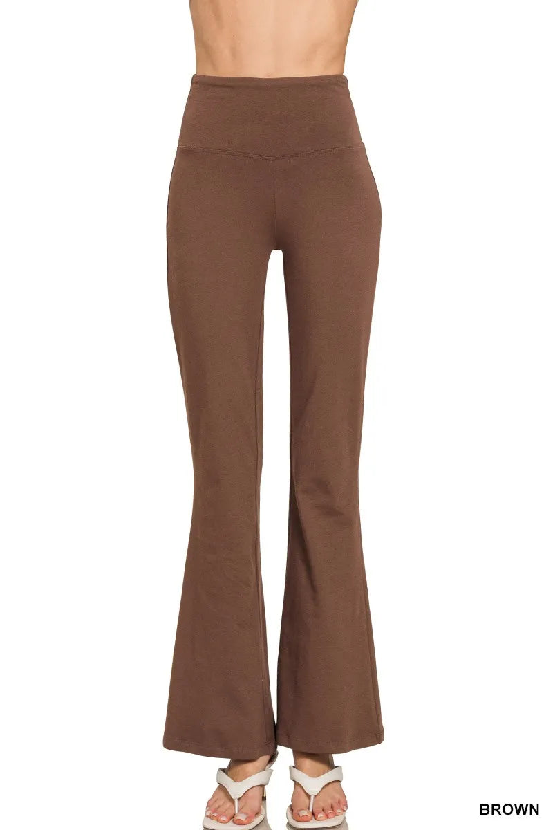 Zenana Wide Waistband Yoga Flare Pants BROWN - Fashorio