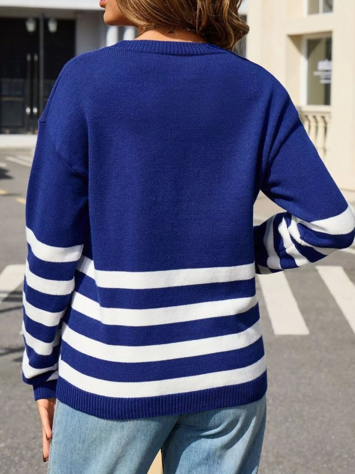 striped trim crew neck sweater styled outfit