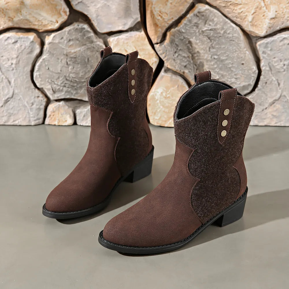 Suede Point Toe Block Heel Boots front view
