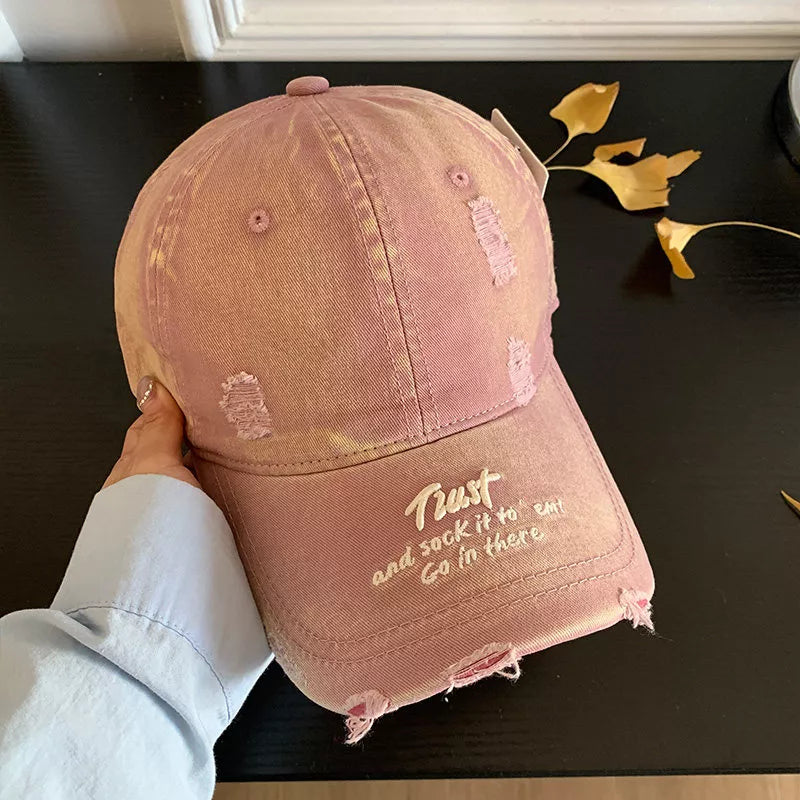 Distressed embroidered cap in a further colourway