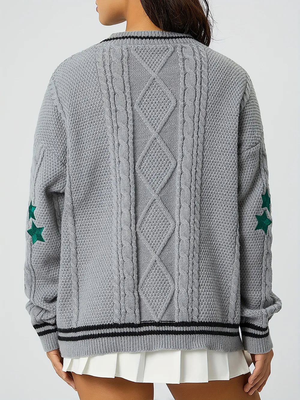 Star Embroidered V-Neck Long Sleeve Cardigan - Fashorio