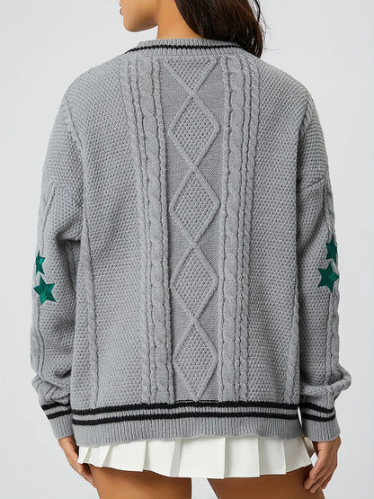 Star Embroidered V-Neck Long Sleeve Cardigan - Fashorio