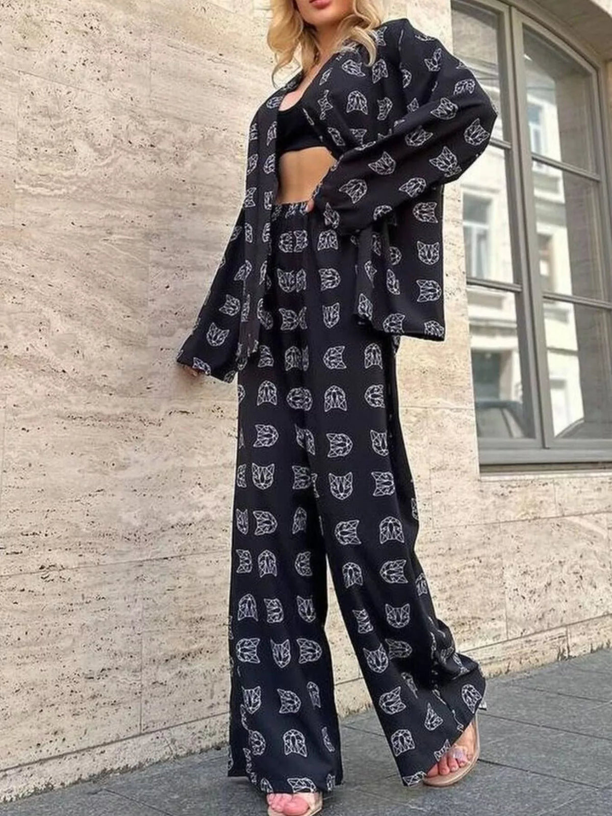 Open front cat print two piece set side