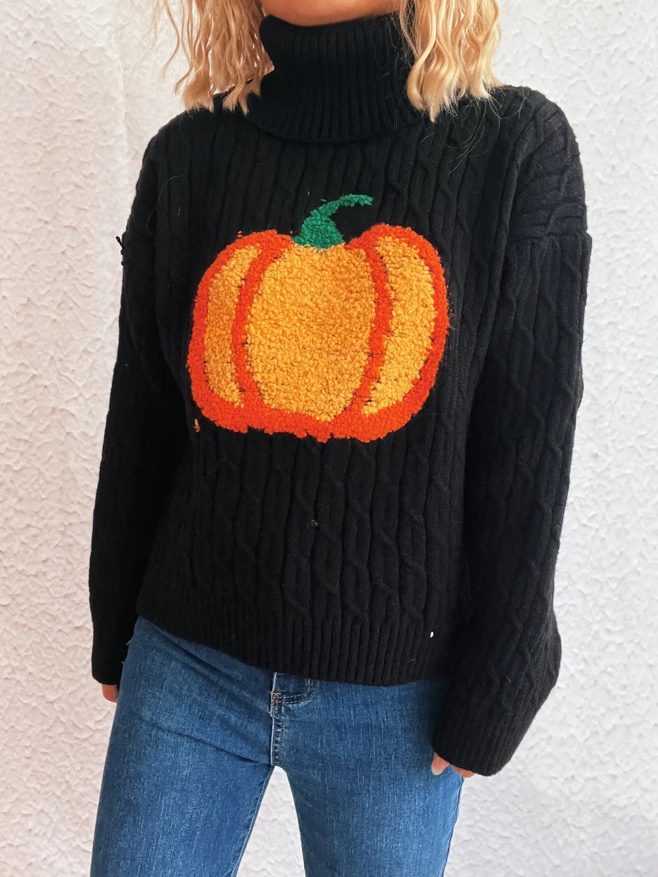 Pumpkin Turtleneck Long Sleeve Sweater - Fashorio