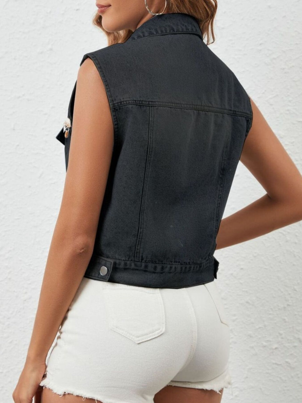 Button Up Denim Vest in Dark Blue view 12