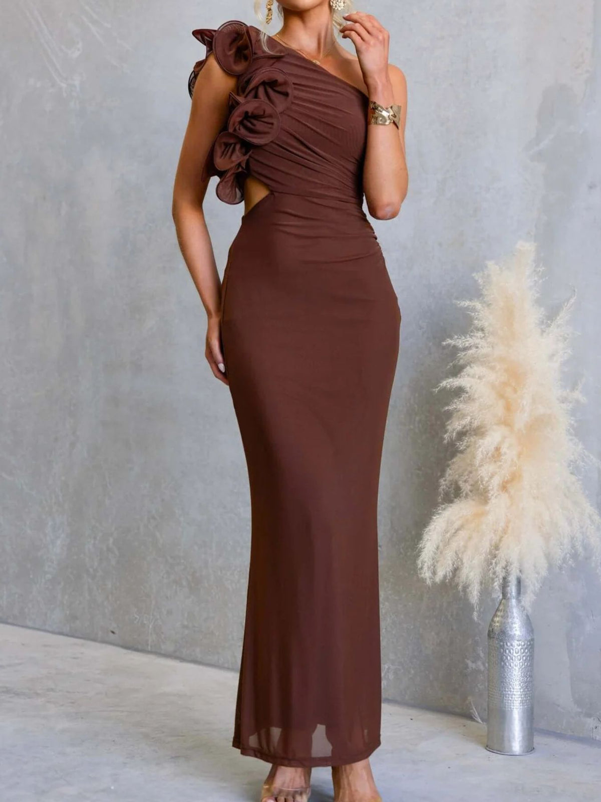 One shoulder floral trim sleeveless maxi dress skirt and hem detail