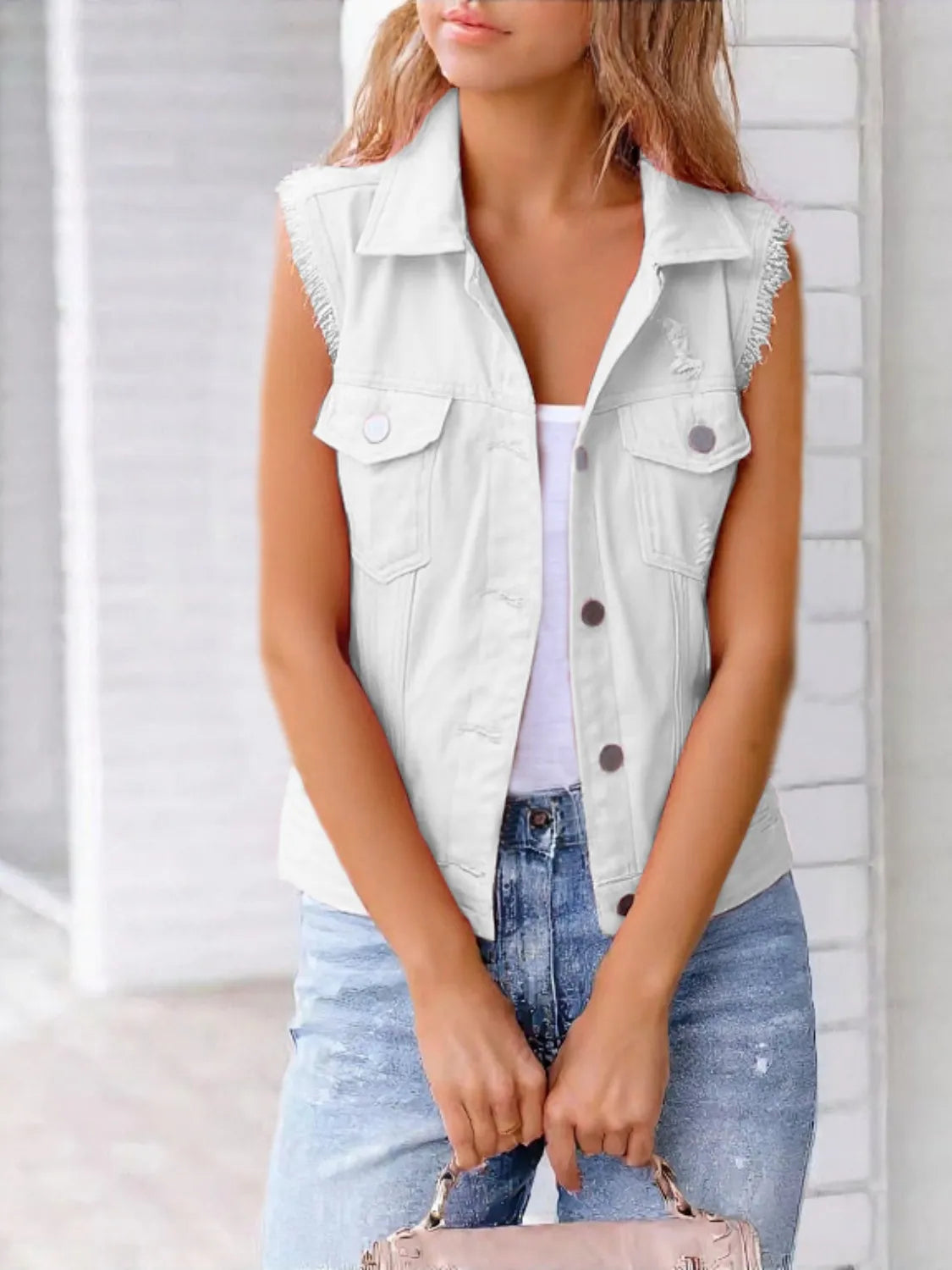 Frayed Denim Vest Plus Size in Blush Pink view 8