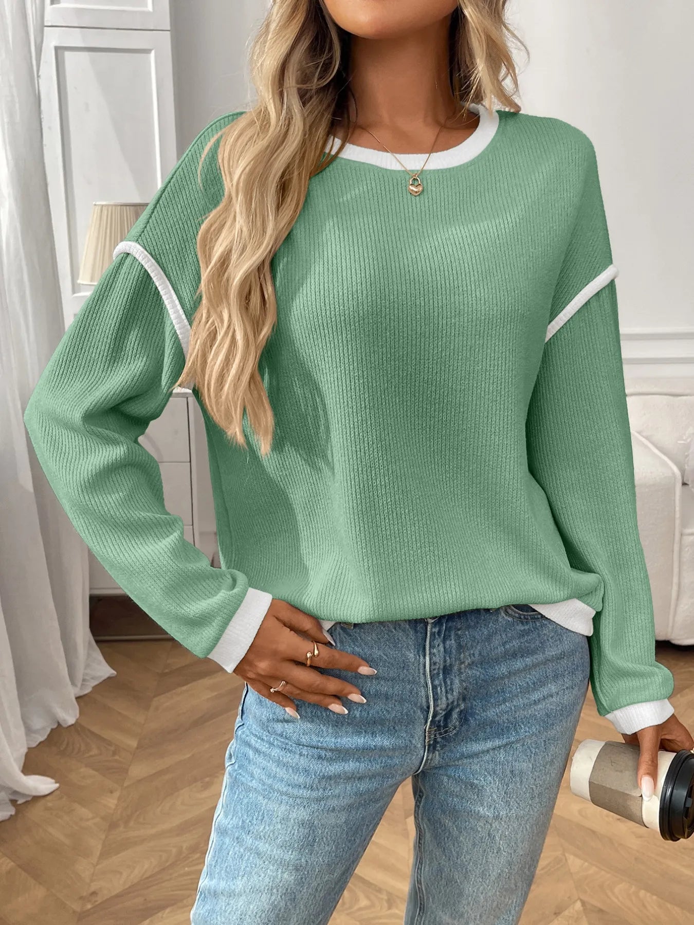 Ribbed Contrast Trim Long Sleeve Top - Fashorio