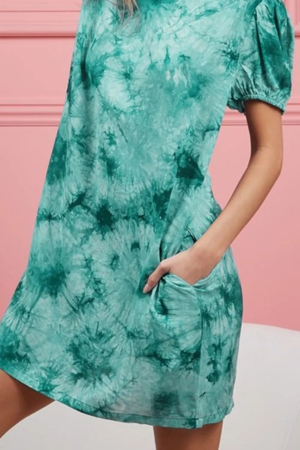 Tie Dye Puff Sleeve Dress with Pockets in Jade side view