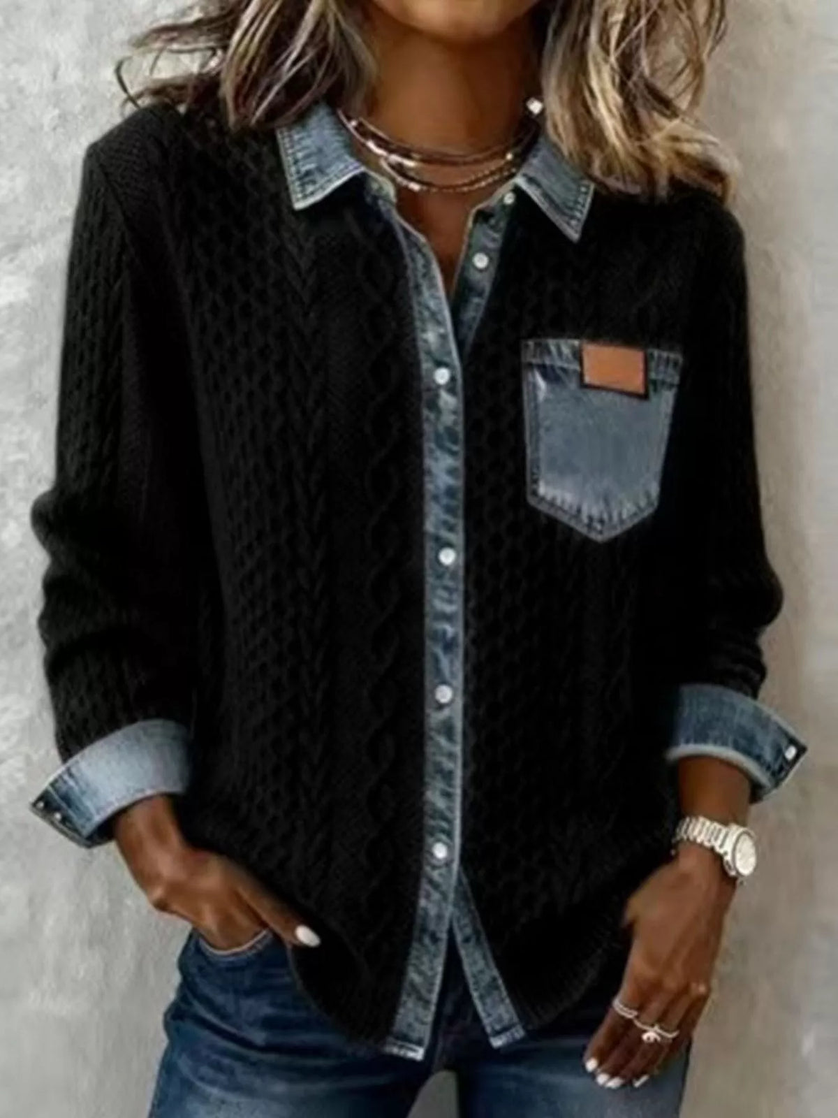 Denim Trim Cable Knit Cardigan, view 9