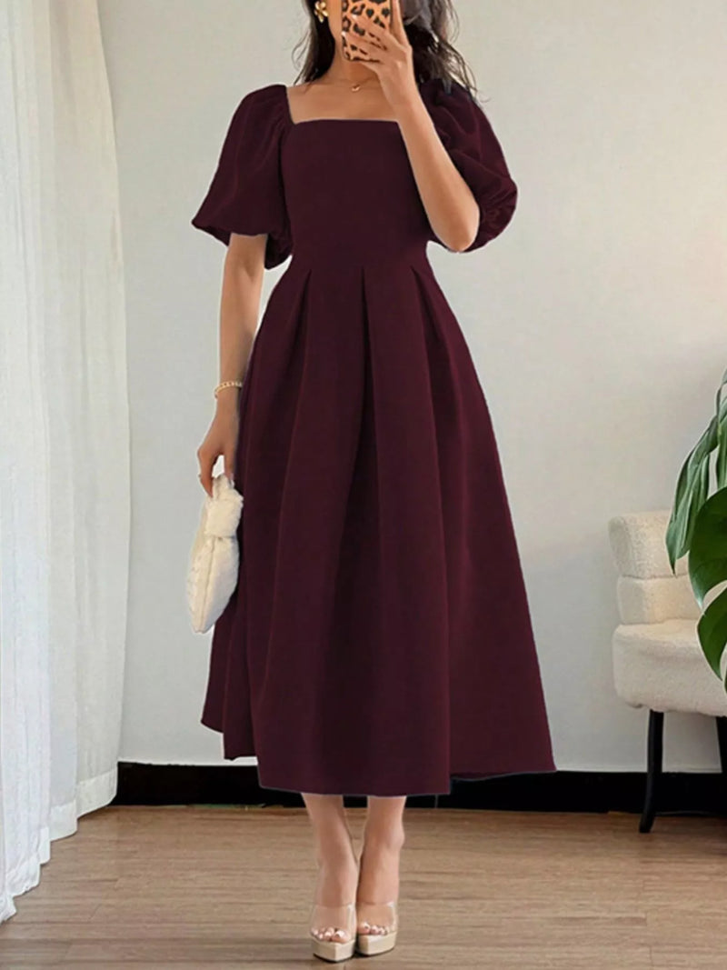 Burgundy square neck flutter sleeve midi dress front view