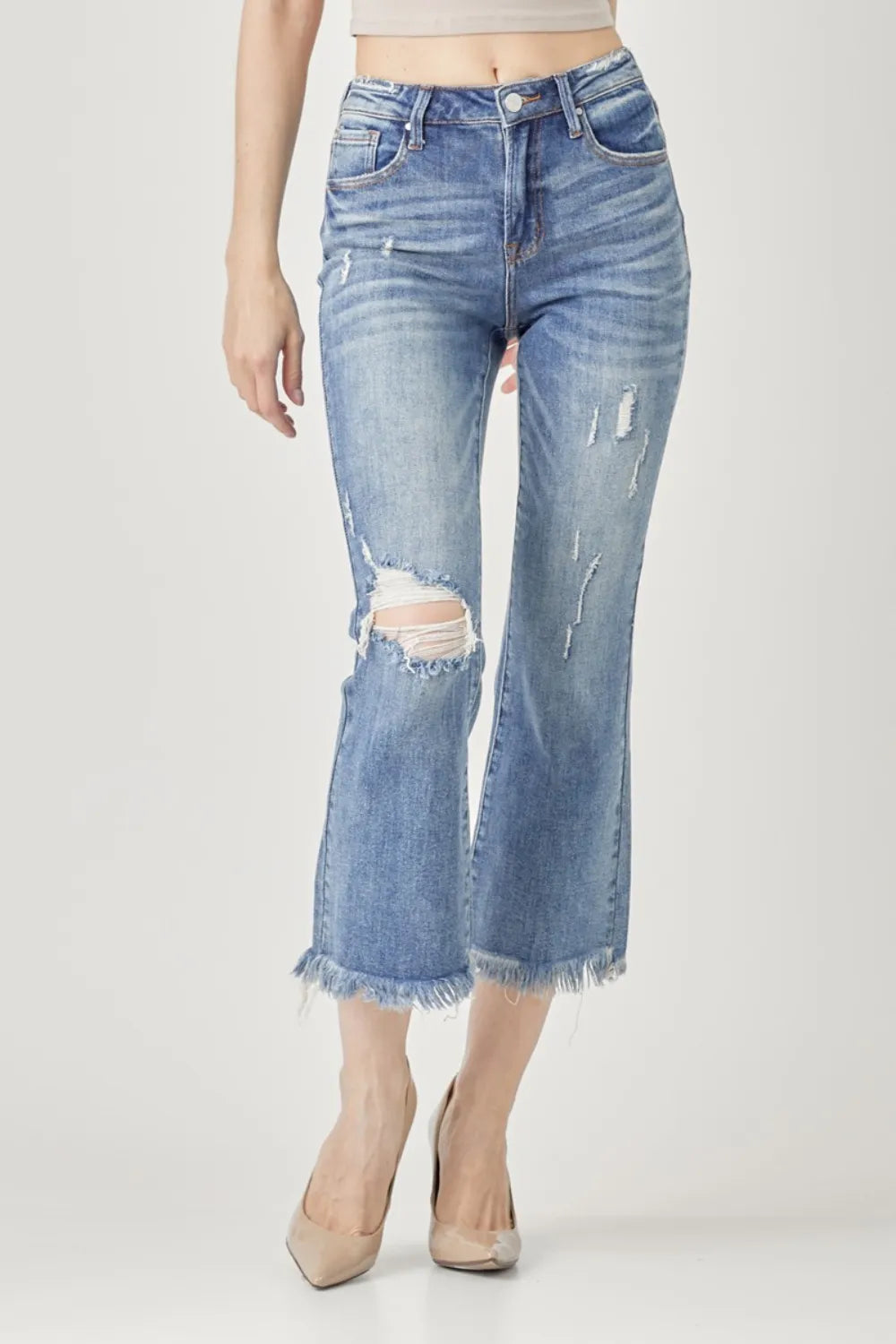 RISEN high waist distressed cropped bootcut jeans front view in dark blue