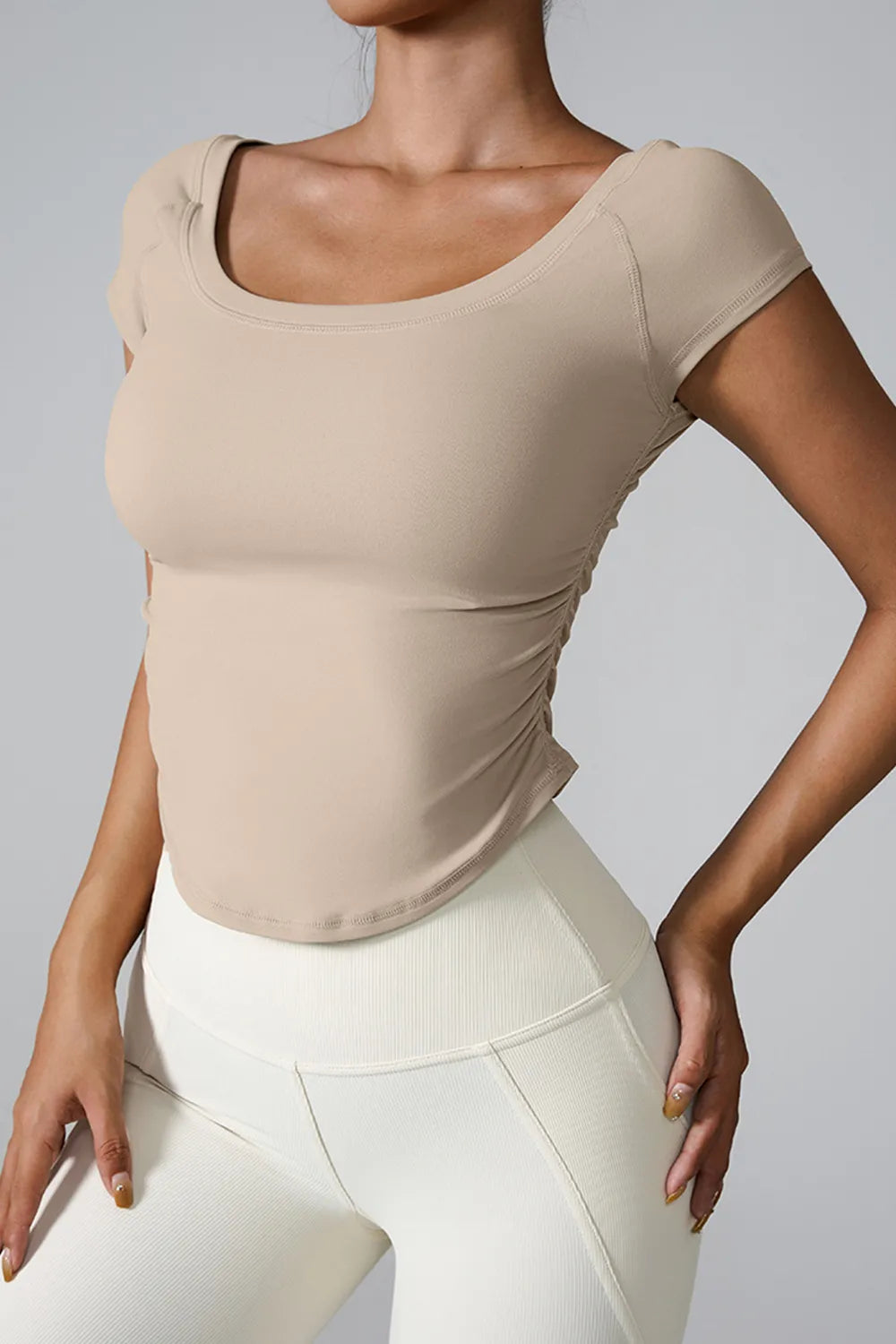 Round Neck Short Sleeve Active T-Shirt Sand - Fashorio