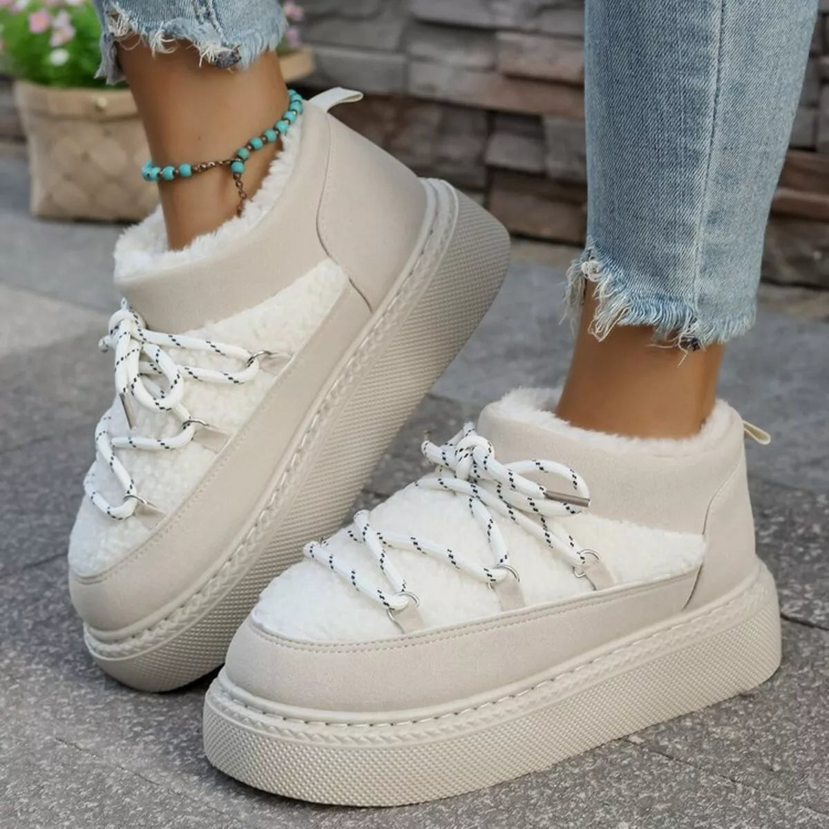 plush lined lace up platform winter boots material texture