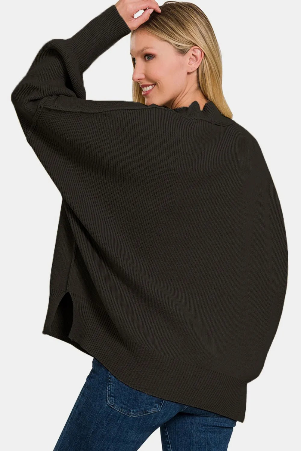 Oversized Side Slit Sweater in Black side view