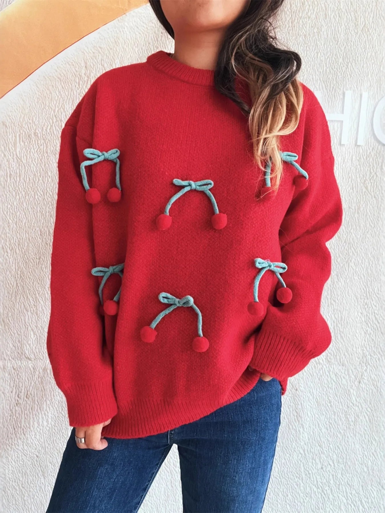 Cherry Round Neck Long Sleeve Sweater Red One Size - Fashorio