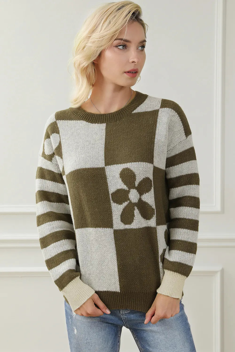 Contrast Round Neck Long Sleeve Sweater - Fashorio