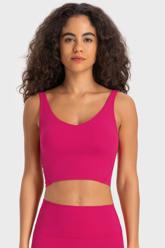 Millennia Deep V-Neck Crop Sports Bra Hot Pink - Fashorio