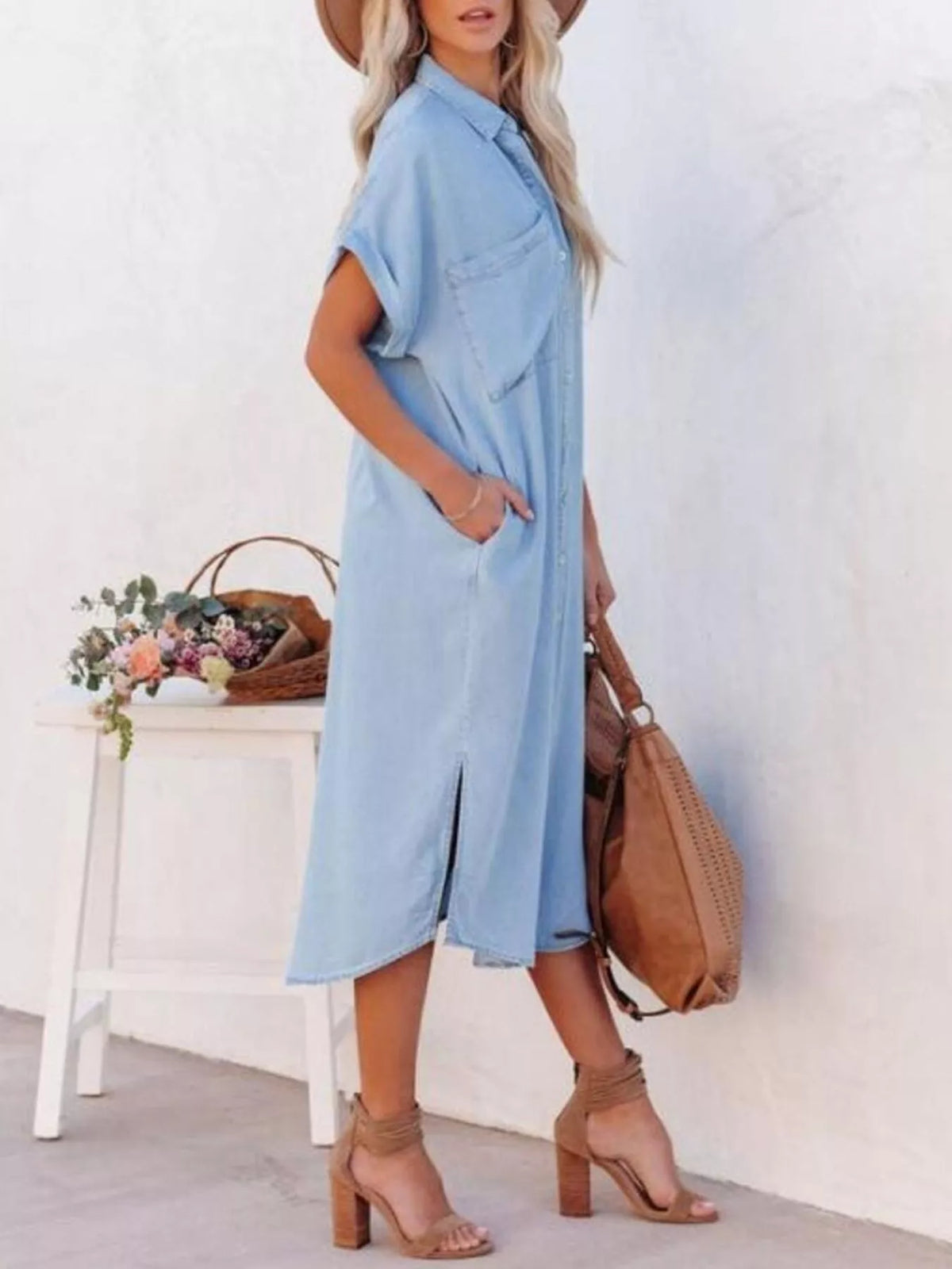 Light blue button front collared shirt dress with side slits front view