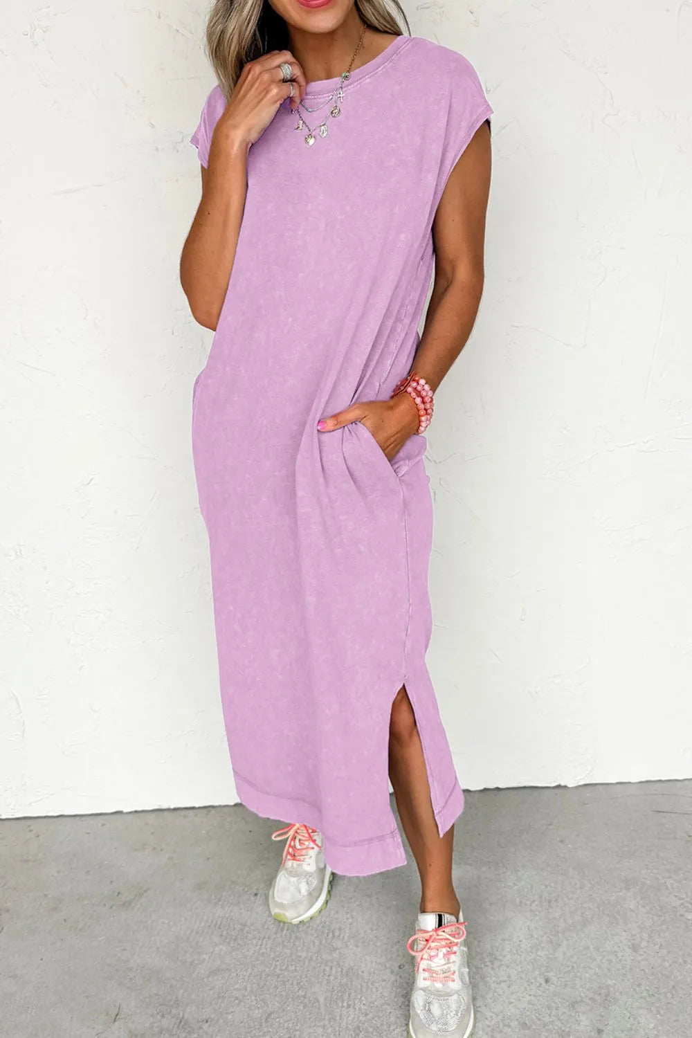 Side split round neck cap sleeve shirt dress pocket detail