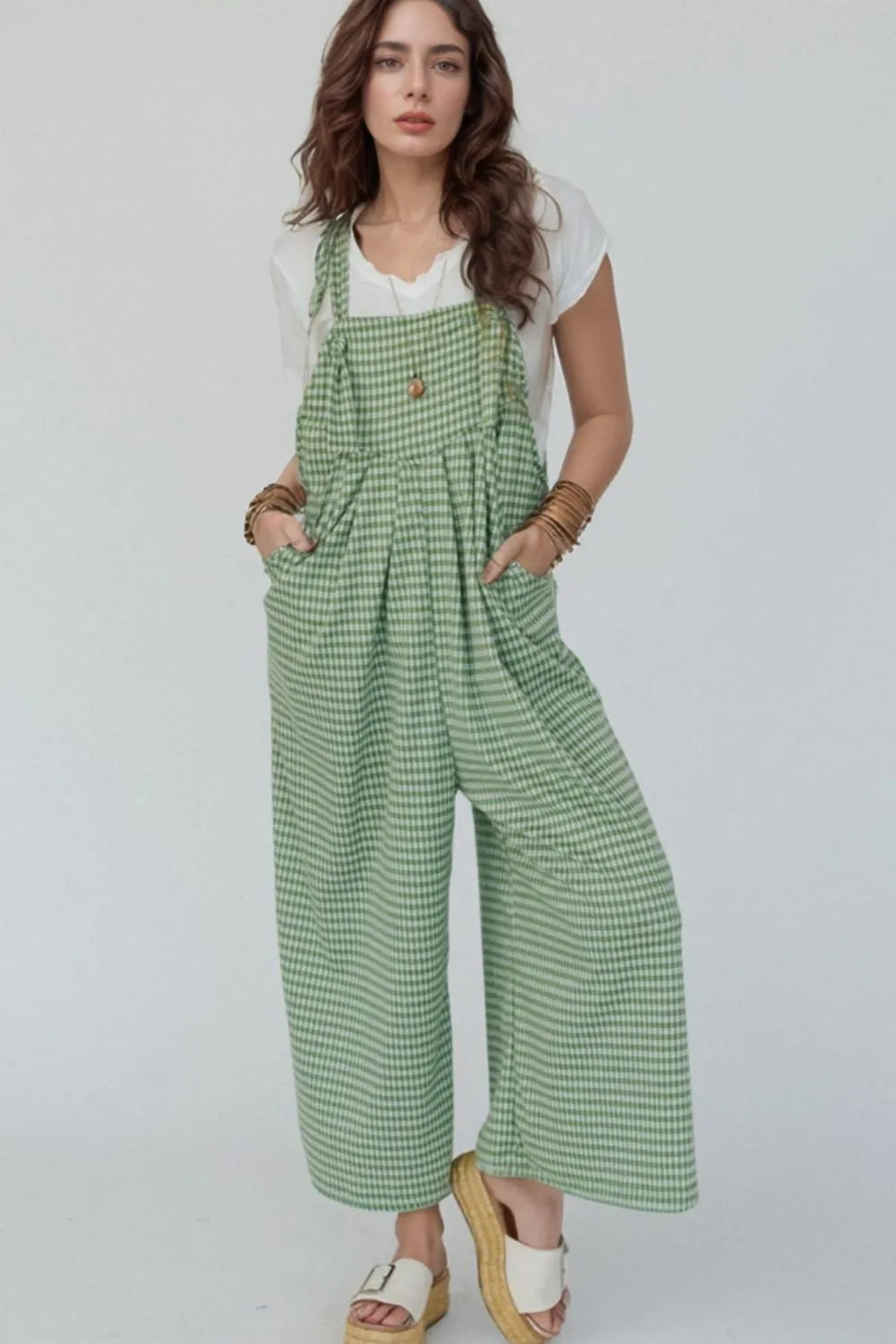 Casual Gingham Wide Leg Overalls back view