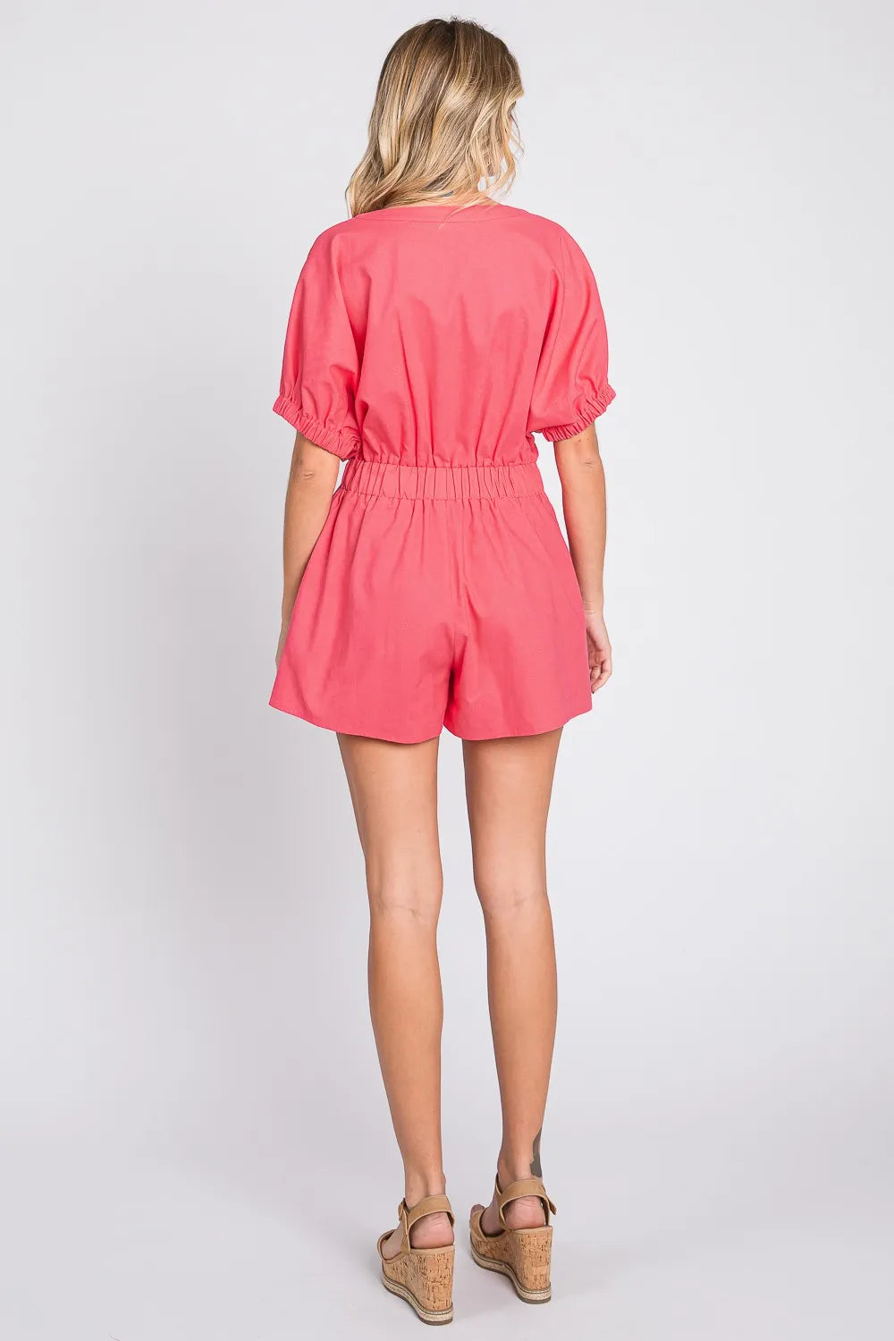 Half Button V Neck Linen Romper styled look