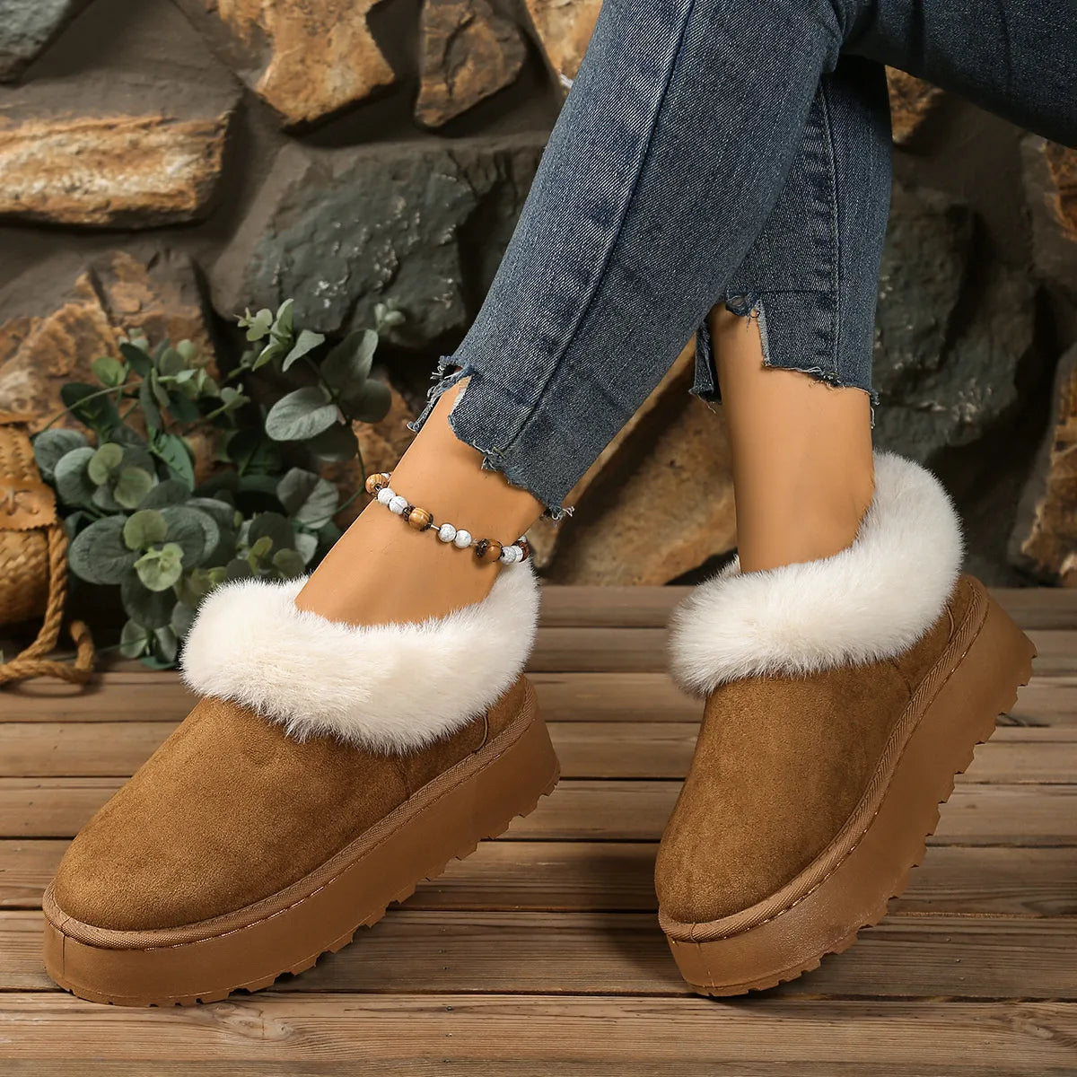 Fuzzy trim round toe platform boots back view