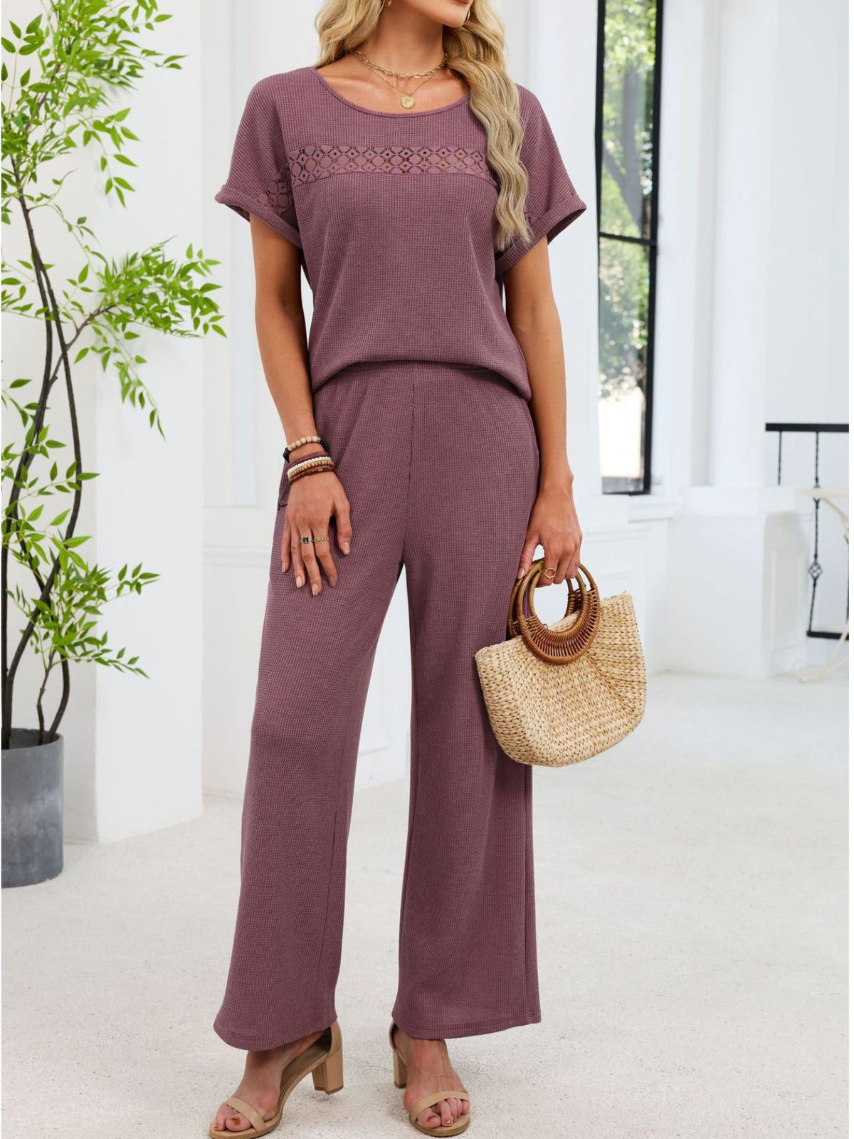 Lace detail short sleeve top and pants set front view