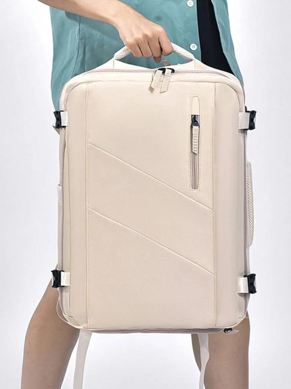 Oxford cloth adjustable strap backpack top handle close up