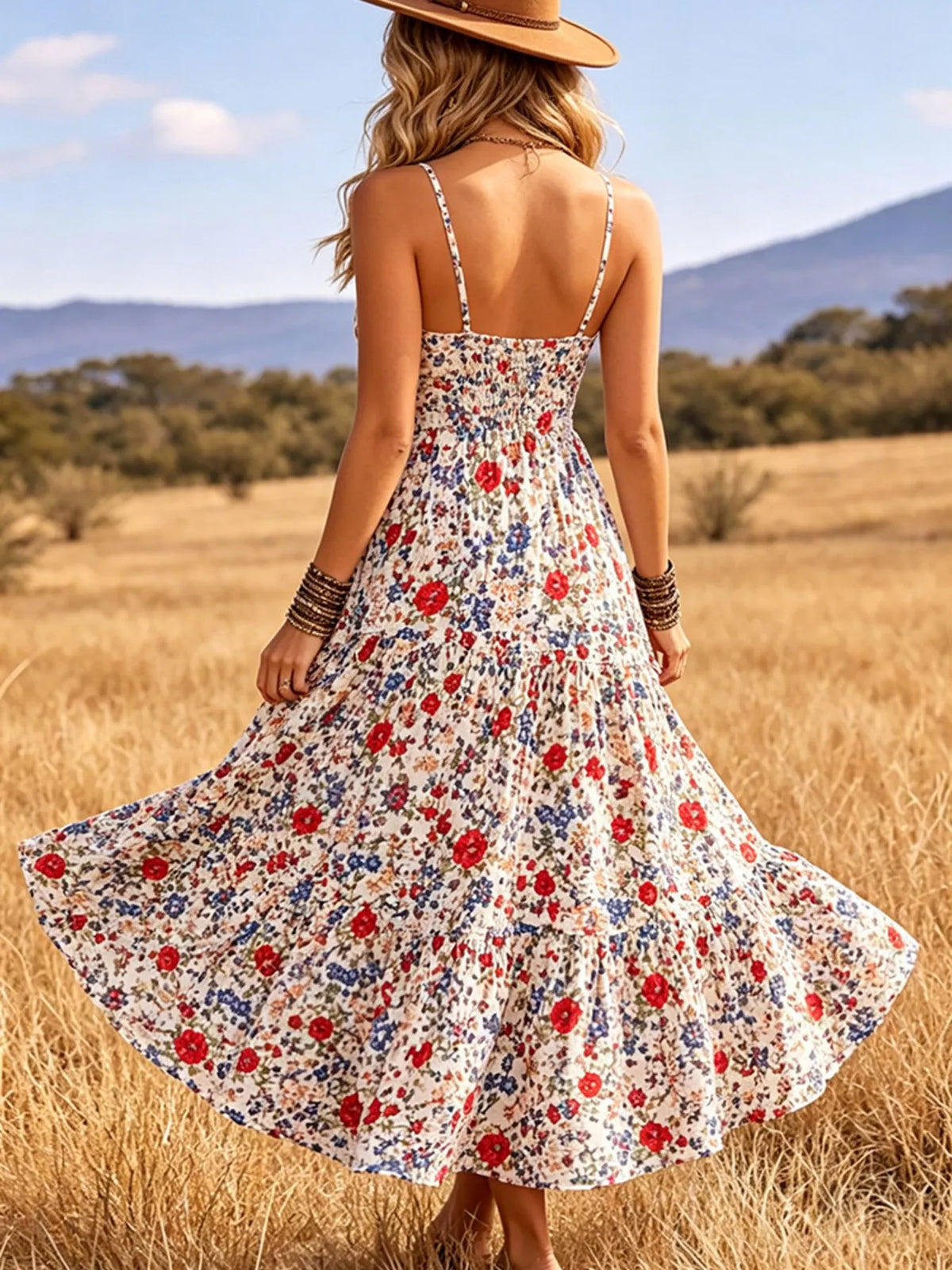 Pink floral print V neck tiered midi dress side view