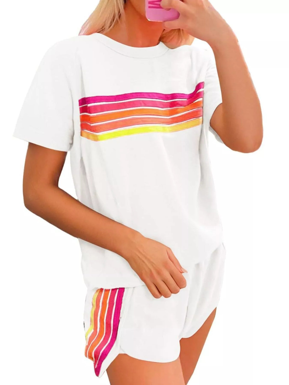 Rainbow Striped Round Neck Top and Shorts Set, view 20