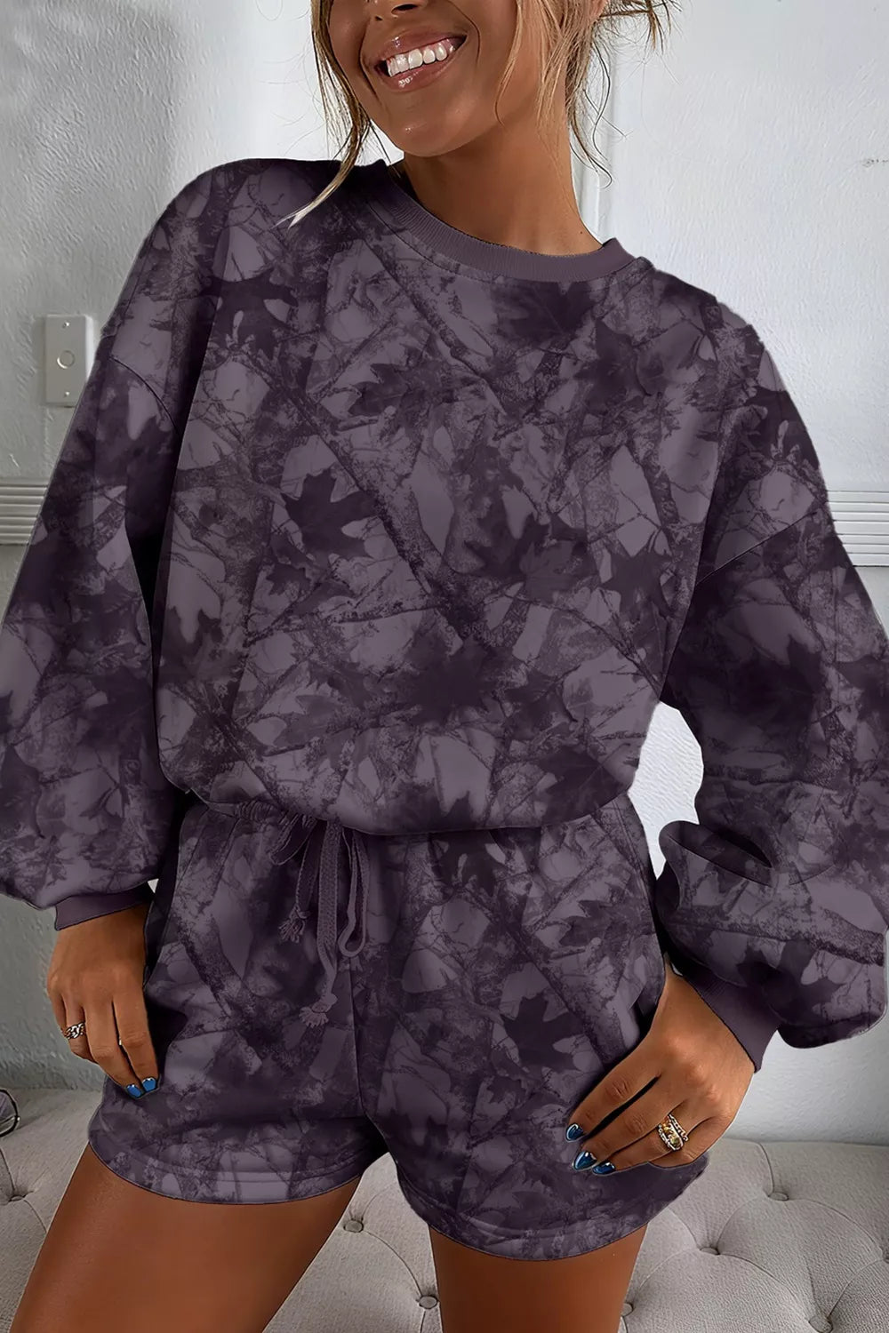 Camo print pullover and shorts set front view